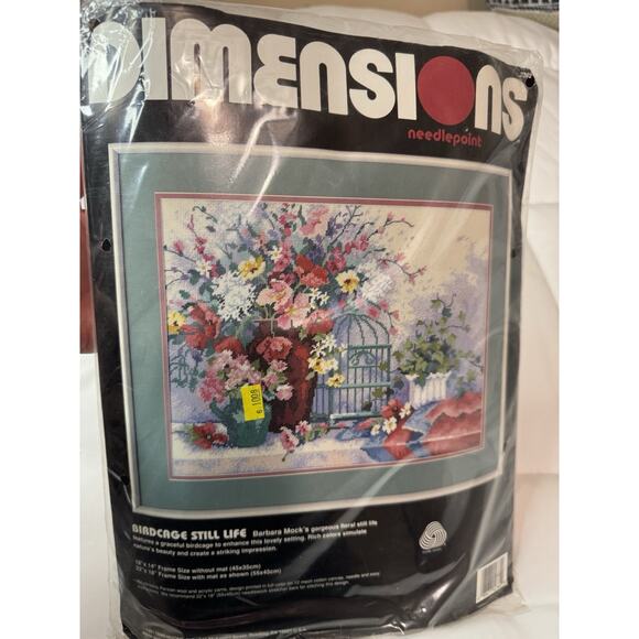 Vintage 90s Dimensions #2382 Needlepoint Pillow Birdcage Floral Flowers 18x14 - Picture 1 of 5